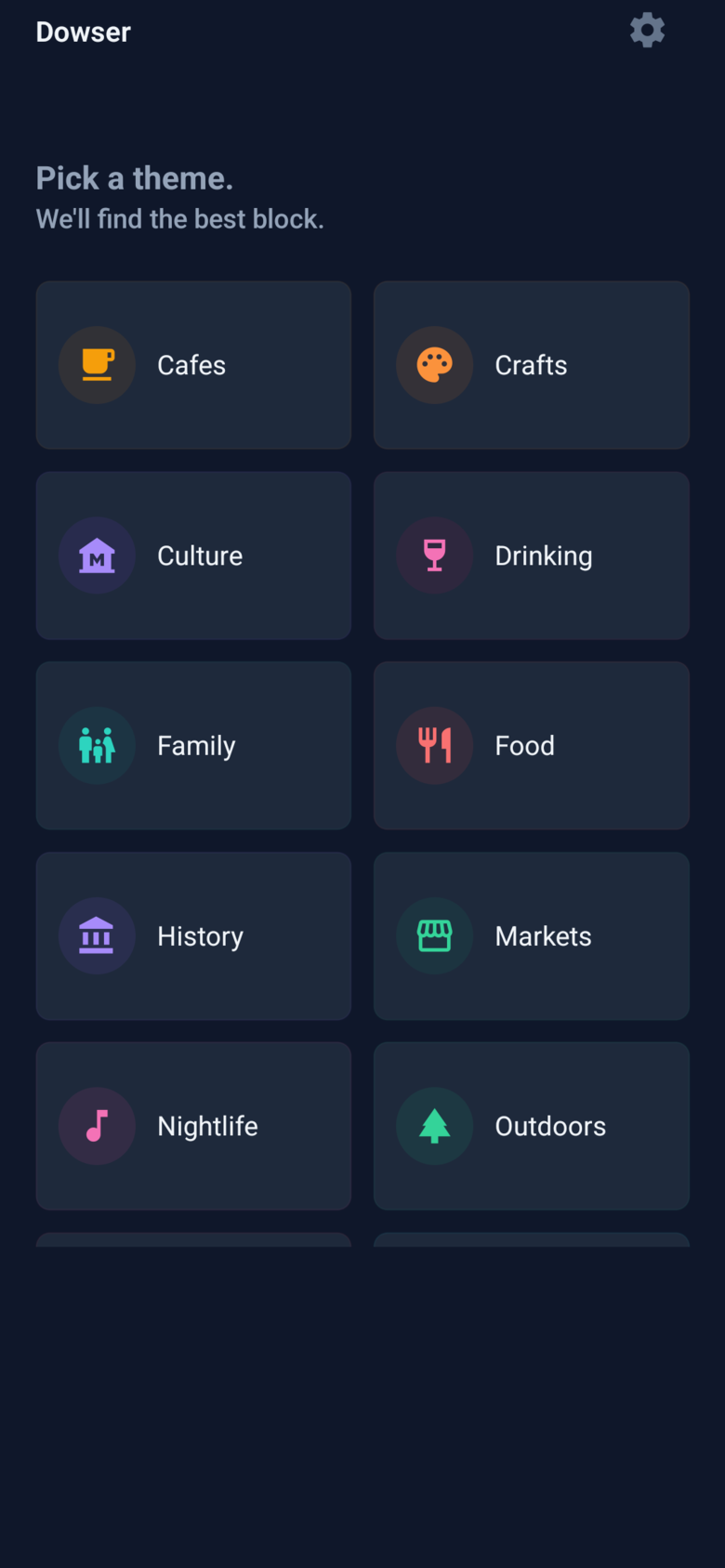Dowser theme selection screen